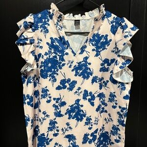 SHEIN Cream and Blue Floral Ruffle Blouse